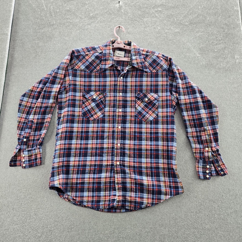 VINTAGE Wrangler Men Button Up Shirt 17.5 Navy Tartan Plaid Flannel Western